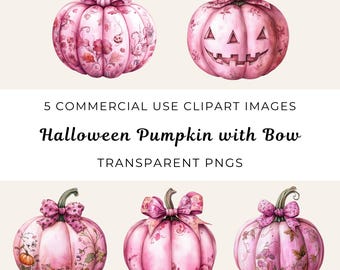 Pink Halloween Pumpkin Bow Clipart, Girly Autumn PNG (Digital Download)