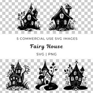 May include: Five black and white silhouette illustrations of fairy houses with whimsical details. Each house has a unique design with windows, doors, and a chimney. The houses are surrounded by trees, flowers, and other natural elements.