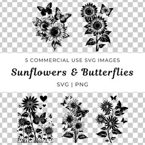 Girasoles y mariposas SVG, imágenes PNG de flores solares y mariposas, imágenes prediseñadas de temas de naturaleza, imágenes de jardines de verano, flores florales png, insectos svg