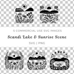 Scandinavische volkskunstscène, meer en zonsopgang Vector, Scandinavische natuur Svg, Nordic landschap Svg, Calm Lake Scene Vector, Morning Lake Svg