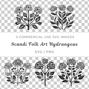 Vettore di ortensie di arte popolare scandinava, fiore scandinavo SVG, vettore di fiori di ortensia, ortensia rustica SVG, vettore floreale della natura scandinava