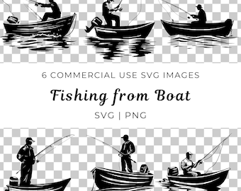 Fishing Boat Vector Clipart | Man Fishing SVG, PNG (Digital Download)