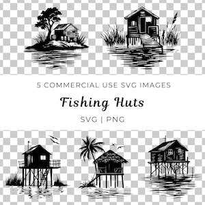 Cabanes de pêche Svg, Cabane côtière vectorielle, Svg cabane de pêche rustique, Cabane au bord du lac, Cabane en bord de mer, Cabane de pêche tropicale, Cabane de quai de pêche