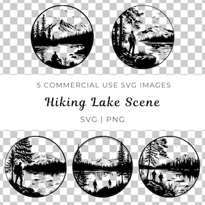 Wandern am See Szene Vektor, Naturlehrpfad SVG, Outdoor Abenteuer Vektor, Malerische See SVG, Backpacking geschnitten