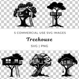 May include: Black and white SVG images of treehouses. The treehouses have ladders, stairs, and platforms. The text in the image reads "5 COMMERCIAL USE SVG IMAGES Treehouse SVG | PNG."