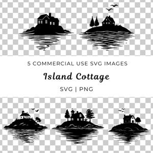 Eiland met Cottage Svg, Coastal Cottage Vector, Island Retreat Svg, Seaside Getaway Vector, Tropical Island Svg, Oceanfront Cottage Vector