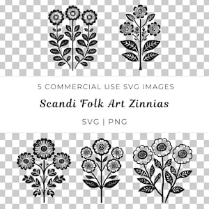 Scandi Folk Art Zinnias Svg, Vettore Fiore Popolare, Zinnia Nordica Svg, Zinnia Boho Svg, Vettore Floreale Vintage, Vettore Floreale Popolare Svedese