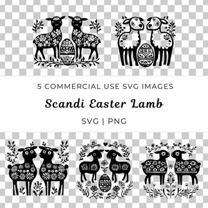 May include: Five black and white SVG images of Scandinavian-style Easter lambs with floral accents and an Easter egg. The text "Scandi Easter Lamb" is included in the image.