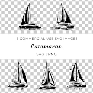May include: Five black and white illustrations of catamarans sailing on the water. The catamarans are drawn in a simple, stylized manner. The text "Catamaran" is written in a bold, cursive font below the images.