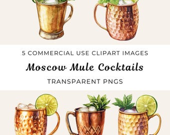 Aquarel Moskou muilezel clipart, koperen mok drankjes (digitale png-download)