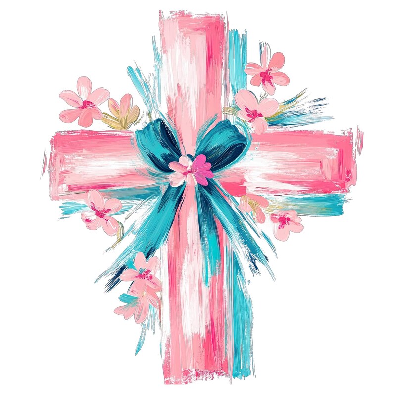 Puede incluir: Una cruz de madera pintada de rosa con un lazo azul y flores rosas. La cruz est&aacute; decorada con pinceladas blancas y azules.