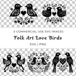 Pájaros del amor del arte popular Svg, vector de diseño de pájaro del corazón, vector de pájaros del amor románticos, pájaros del arte popular Svg, vector de pájaro boho, pájaros del amor escandinavos Svg