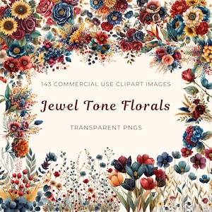 Floral Clipart Pack, Jewel Tone Farben, PNG Blumen Designs, Reiche und Moody Große Blüten, Botanische Grafiken, Digital Download