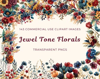 Floral Clipart Pack, Jewel Tone Colors, PNG Flower Designs, Rich and Moody Large Blooms, Botanical Graphics, Digital Download