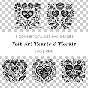 Volkskunst Herzen und Blumen SVG, Vintage Blumenmuster Vektor, Folk Blumen Herz SVG, Boho romantisch Botanicals Vektor, wunderliche Florals svg