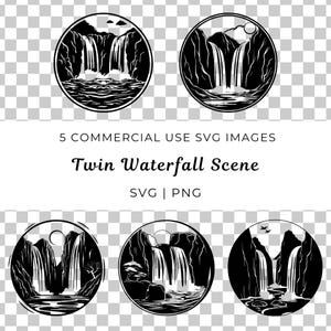 Twin watervallen Svg, natuur geïnspireerd, waterval Svg Design, wildernis natuur scène SVG, berg waterval SVG, waterval landschap SVG