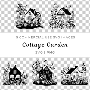 May include: Five black and white silhouette SVG images of cottage houses with gardens. Each image features a different cottage design with a variety of flowers and plants surrounding the house.