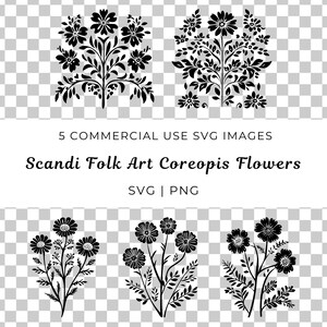 Flor de coreopis Svg, Arte popular escandinavo Svg, Clip Art de arte popular sueco, Clipart escandinavo, Diseños populares suecos, Escena de flores silvestres nórdicas Svg