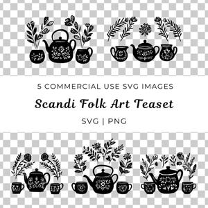 May include: Black and white silhouette illustration of a Scandinavian folk art tea set with floral designs. The set includes a teapot, two teacups, and a creamer. The illustration is perfect for creating digital designs, crafts, and printables.