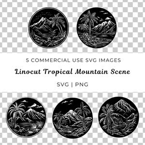 May include: Five black and white linocut illustrations of tropical mountain scenes. Each illustration features a mountain range, palm trees, and a body of water. The illustrations are circular and have a white background.