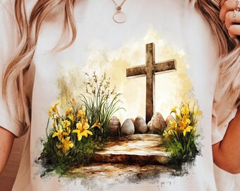 Cruz de narciso de Pascua en acuarela (PNG), clipart cristiano (descarga digital)