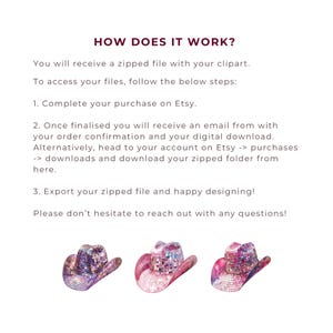 K&ouml;nnte beinhalten: Drei glitzernde Cowboyh&uuml;te in Pink und Lila mit Mosaikmuster. Die H&uuml;te sind von links nach rechts in einer Reihe angeordnet. Der Text "HOW DOES IT WORK?" befindet sich oben im Bild. Der Text darunter erkl&auml;rt, wie man die digitale Clipart herunterl&auml;dt.