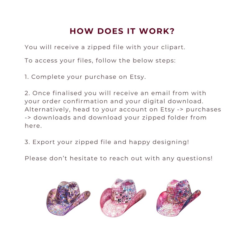 K&ouml;nnte beinhalten: Drei glitzernde Cowboyh&uuml;te in Pink und Lila mit Mosaikmuster. Die H&uuml;te sind von links nach rechts in einer Reihe angeordnet. Der Text "HOW DOES IT WORK?" befindet sich oben im Bild. Der Text darunter erkl&auml;rt, wie man die digitale Clipart herunterl&auml;dt.