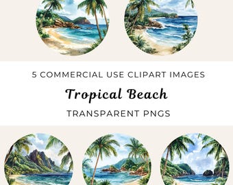 Clipart plage tropicale, aquarelle scène d'île PNG (téléchargement numérique)