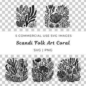 May include: Five black and white illustrations of stylised coral reefs. The coral is drawn in a Scandinavian folk art style. The images are perfect for use in digital projects or for printing.