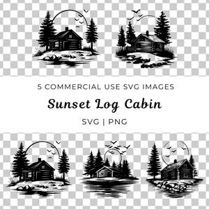 Sunset Log Cabin Svg, Rustic Cabin Clipart, Mountain Lodge Svg, Mountain House in Woods Svg, Forest Scene SVG, Wooden Log Cabin Design