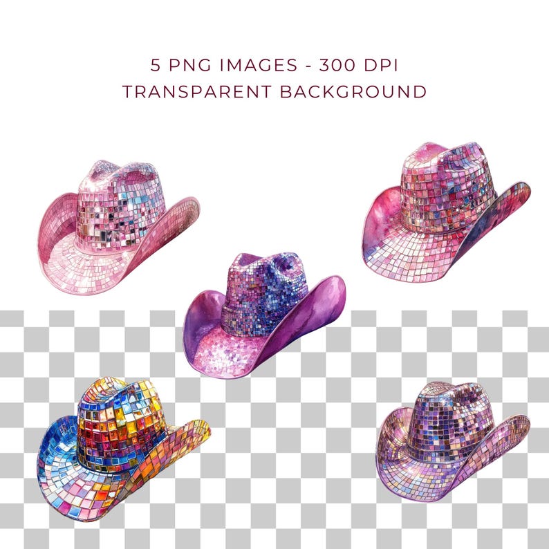 K&ouml;nnte beinhalten: F&uuml;nf bunte Cowboyh&uuml;te mit Mosaikmuster. Die H&uuml;te sind rosa, lila und blau mit einer Vielzahl von Farben im Mosaikmuster.