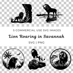 Leone che ruggisce nella savana Svg, maestoso vettore di scena di grandi felini, predatore selvaggio Svg, scena di criniera di leone Svg, fauna selvatica della savana, vettore di bestia ruggente
