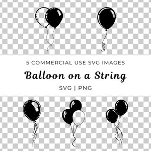 May include: Five black and white balloon illustrations with strings. The balloons are in various configurations, including single balloons and groups of two or three.