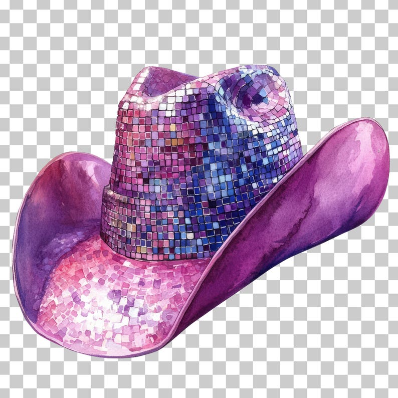 K&ouml;nnte beinhalten: Ein lilafarbener Cowboyhut mit einem glitzernden, mosaikartigen Design. Der Hut ist aus einem weichen, strukturierten Material gefertigt und hat eine breite Krempe.