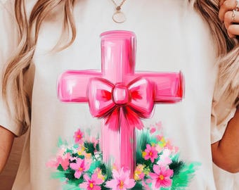 Croix de Pâques rose PNG, coup de pinceau floral Christian Design (téléchargement numérique)