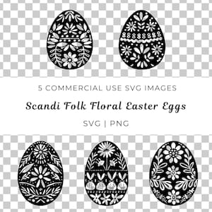 May include: Five black and white Scandinavian folk floral Easter egg designs. The eggs are decorated with flowers, leaves, and geometric patterns.