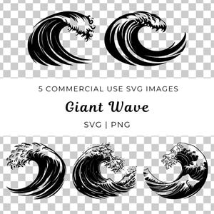 May include: Five black and white illustrations of giant waves crashing. The waves are drawn in a stylized, graphic style.