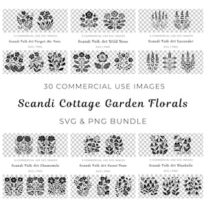 Bundle de fleurs de jardin scandinave, Svg de rose sauvage d'art folklorique, Svg de lavande nordique, myosotis d'art folklorique suédois, Svg de pois de senteur de Hygge