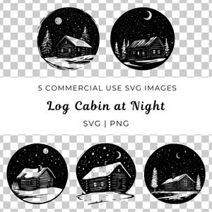 Blokhut bij nacht Svg, maanverlichte hut Vector, sterrenhemel hut Svg, nachtelijke Forest Lodge Vector, Twilight Cabin Svg, hut sereniteit Svg