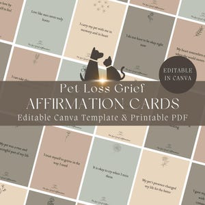 May include: A set of Pet Loss Grief Affirmation Cards with supportive messages and floral designs. The cards are set against a backdrop of pastel colours. The text "Pet Loss Grief Affirmation Cards" is clearly visible.