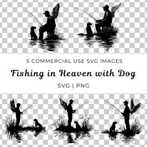 Hombre con alas de ángel pescando Svg, Hombre en el cielo pescando Vector, Pescador Memorial Svg, Pescador ángel con perro, Hombre pescando en el cielo Svg