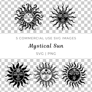 May include: Five black and white illustrations of mystical suns with faces. Each sun has a different design with rays and details. The text "Mystical Sun" is written below the images.