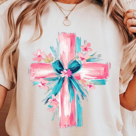 Floral Easter Cross PNG, Brushstroke Design (Digital Download)