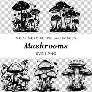 Puede incluir: Cinco ilustraciones en blanco y negro de setas. Las setas están dibujadas en un estilo vintage con detalles intrincados. Las ilustraciones son perfectas para usar en proyectos digitales o impresos.