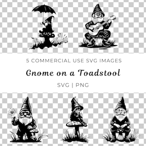 Gnome sur un champignon vénéneux, Svg de nain de conte de fées, Svg de nain champignon, Svg de nain enchanté, Svg de nain des bois, nain assis, vecteur de champignon vénéneux