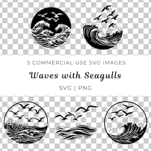 Golven met meeuwen Svg, oceaanscène Vector, kustgolven, zeezicht Vector, Ocean Breeze Svg, strandscène Vector, nautische golven Svg