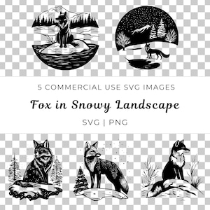 Renard dans un paysage enneigé, image vectorielle de scène d'hiver, forêt enneigée Svg, image vectorielle de renard sauvage, faune arctique, paysage gelé, Svg faune hivernale