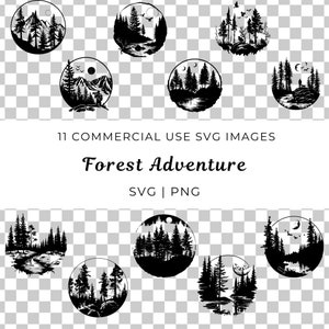 Puede incluir: Un conjunto de 11 imágenes SVG en blanco y negro que representan diferentes escenas de bosque. Cada imagen presenta un marco circular con un paisaje de bosque, incluidos árboles, montañas y una luna. El texto "Forest Adventure" se muestra debajo de las imágenes.