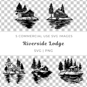 Riverside Cabin Svg, houten Lodge Vector, natuurretraite Svg, River Lodge Vector, blokhut scène, boshut Svg, Waterfront Lodge Vector