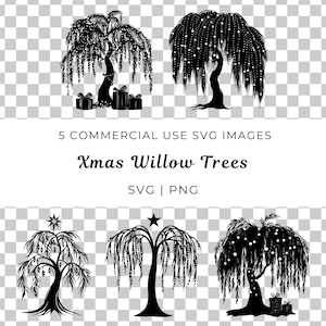 May include: Five black silhouette images of weeping willow trees decorated with Christmas lights and ornaments. Some trees have presents underneath.  "5 Commercial Use SVG Images Xmas Willow Trees SVG | PNG" text is at the top.